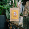 Coffee package with a label on a table surrounded by plants