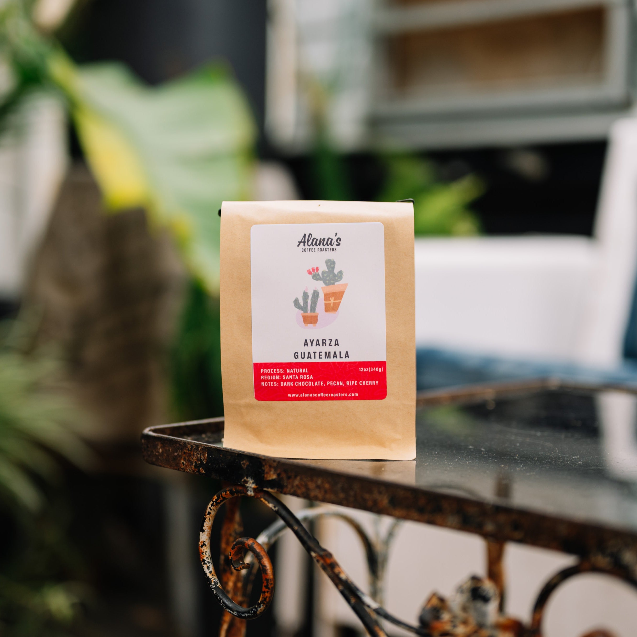 Brown kraft Ayarza Guatemala coffee bag with red label panel for wholesale 1lb 5lb on a rusty metal surface