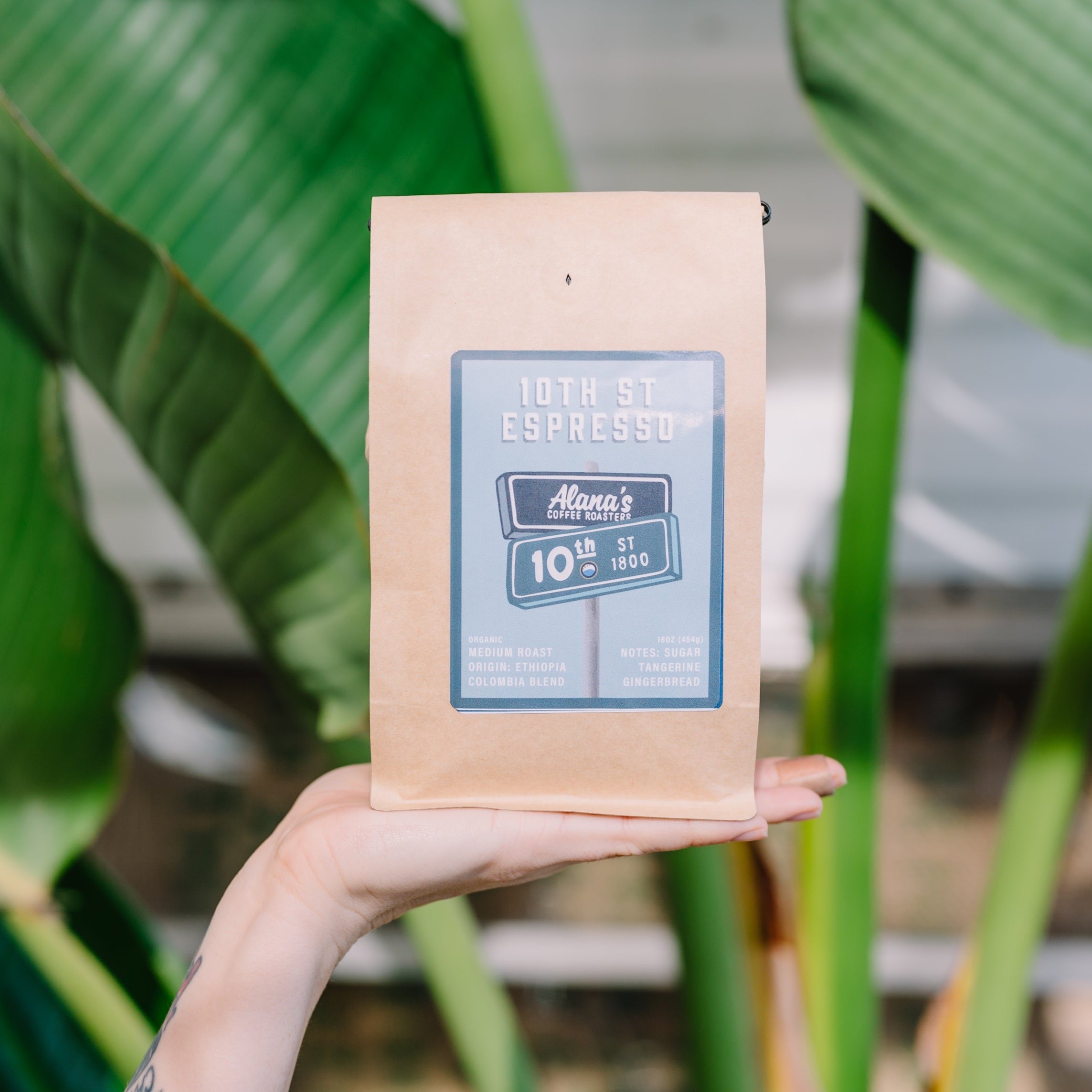 Alana's Coffee Roasters' Tenth Street Espresso coffee bag. The label depicts a blue street sign on a sky blue backdrop. 